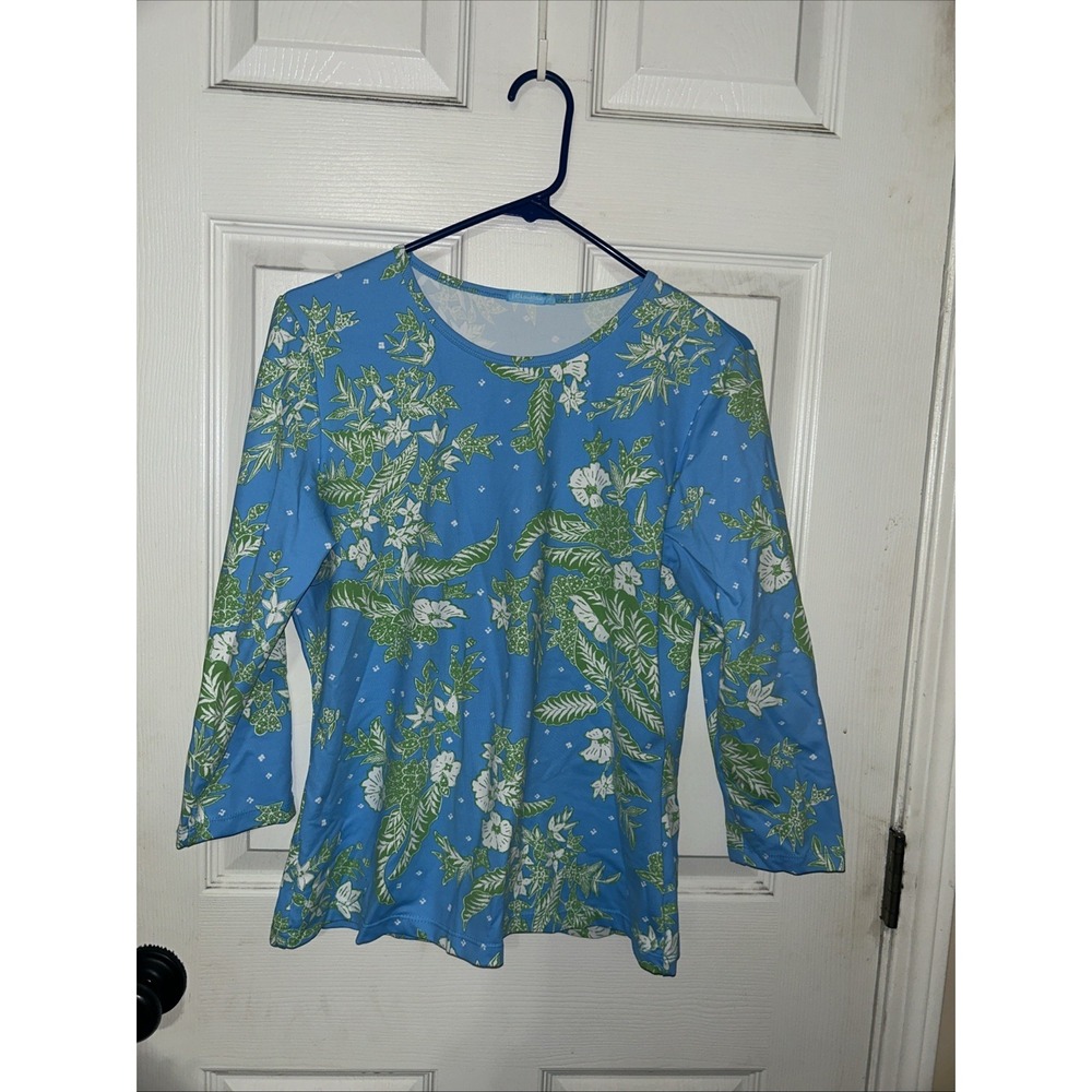 J McLaughlin Floral Print Catalina Cloth Top M Blue 3/4 Sleeves Nylon